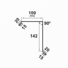 Челна планка с размери 100x142 мм и 90° ъгъл, стандартно измерване за покривни конструкции.