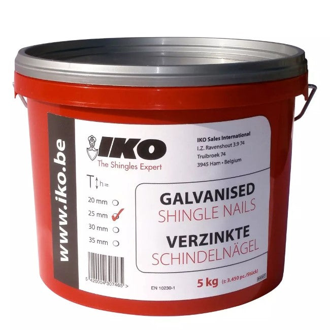 Галванизирани гвоздеи IKO 5kg с широка глава, идеални за ремонт на покриви и монтаж на метални керемиди. LATIVA.bg