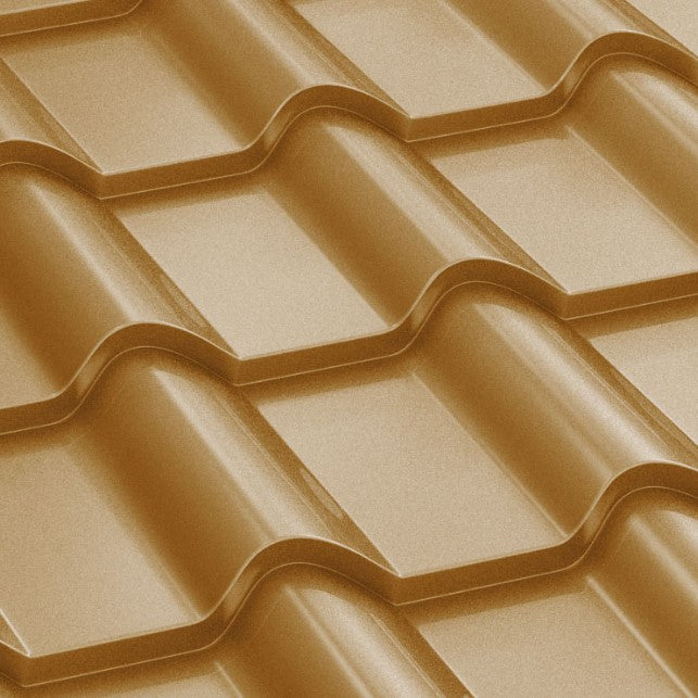 Метални керемиди BILKA Balcanic в златист цвят, идеални за ремонт на покриви, хоризонтално монтиране, покривна ламарина LATIVA.bg