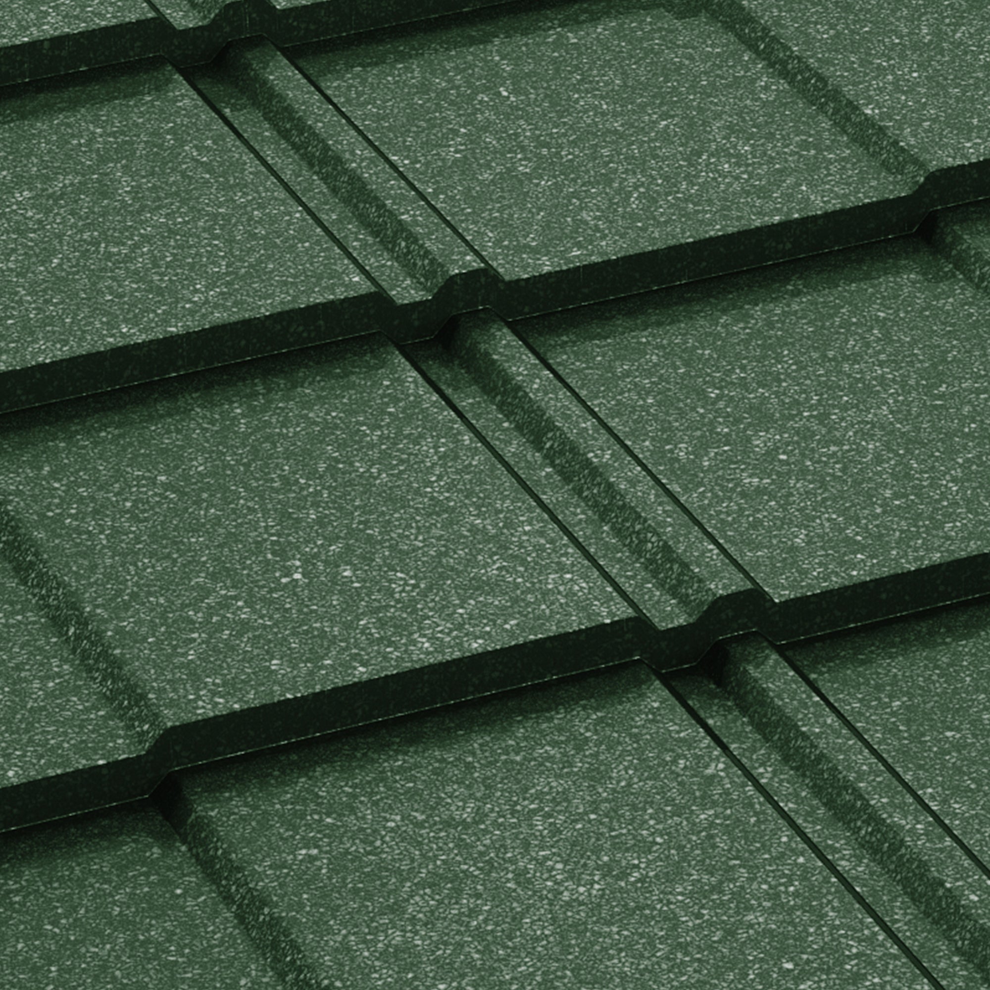 Метални керемиди BILKA Britanic Grande Mat в тъмен зелен цвят, идеални за ремонт на покриви и изграждане на покриви.