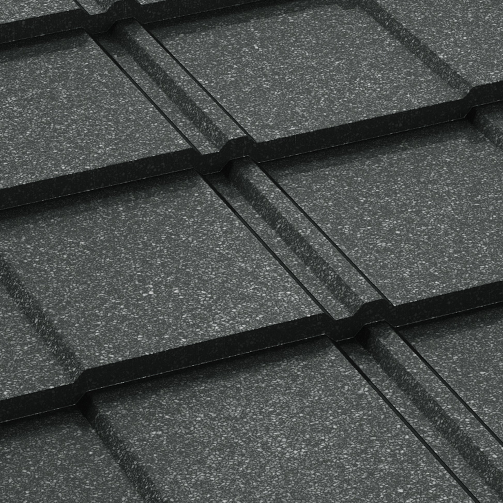 Метални керемиди BILKA Britanic Grande Mat в черен цвят, идеални за устойчиви покриви.