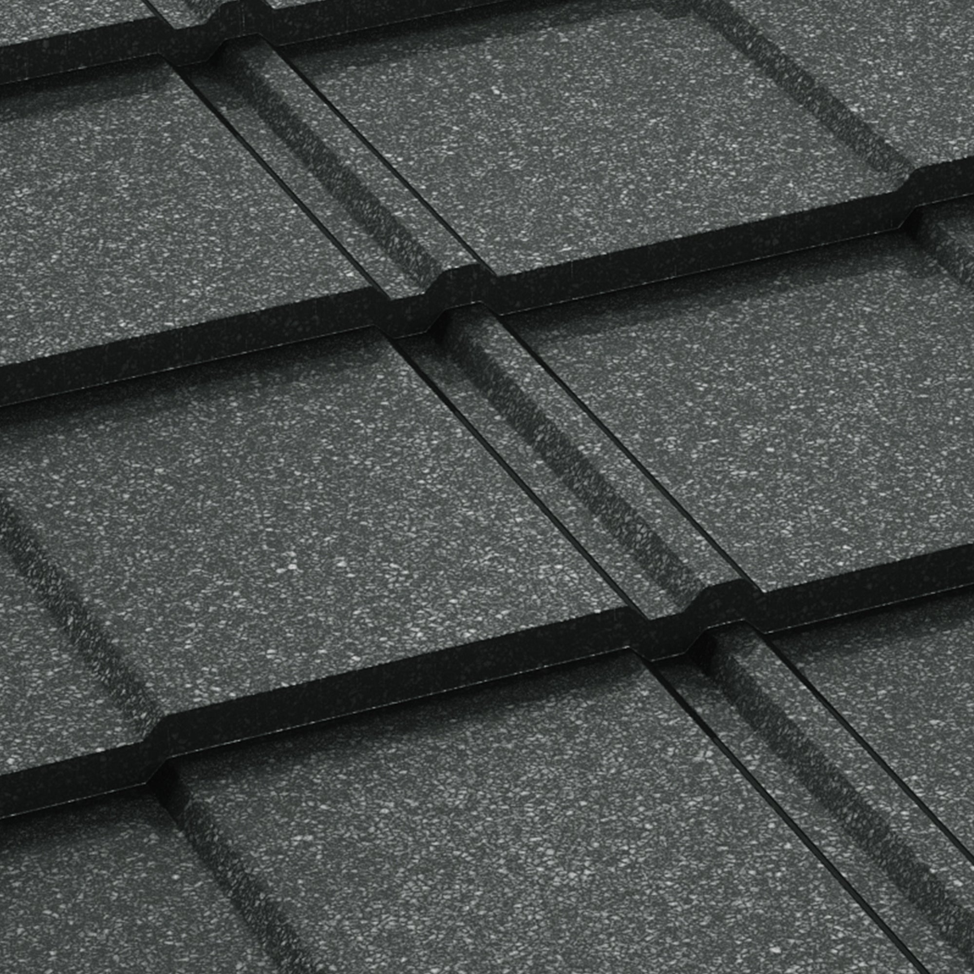 Метални керемиди BILKA Britanic Grande Mat в черен цвят, идеални за устойчиви покриви.