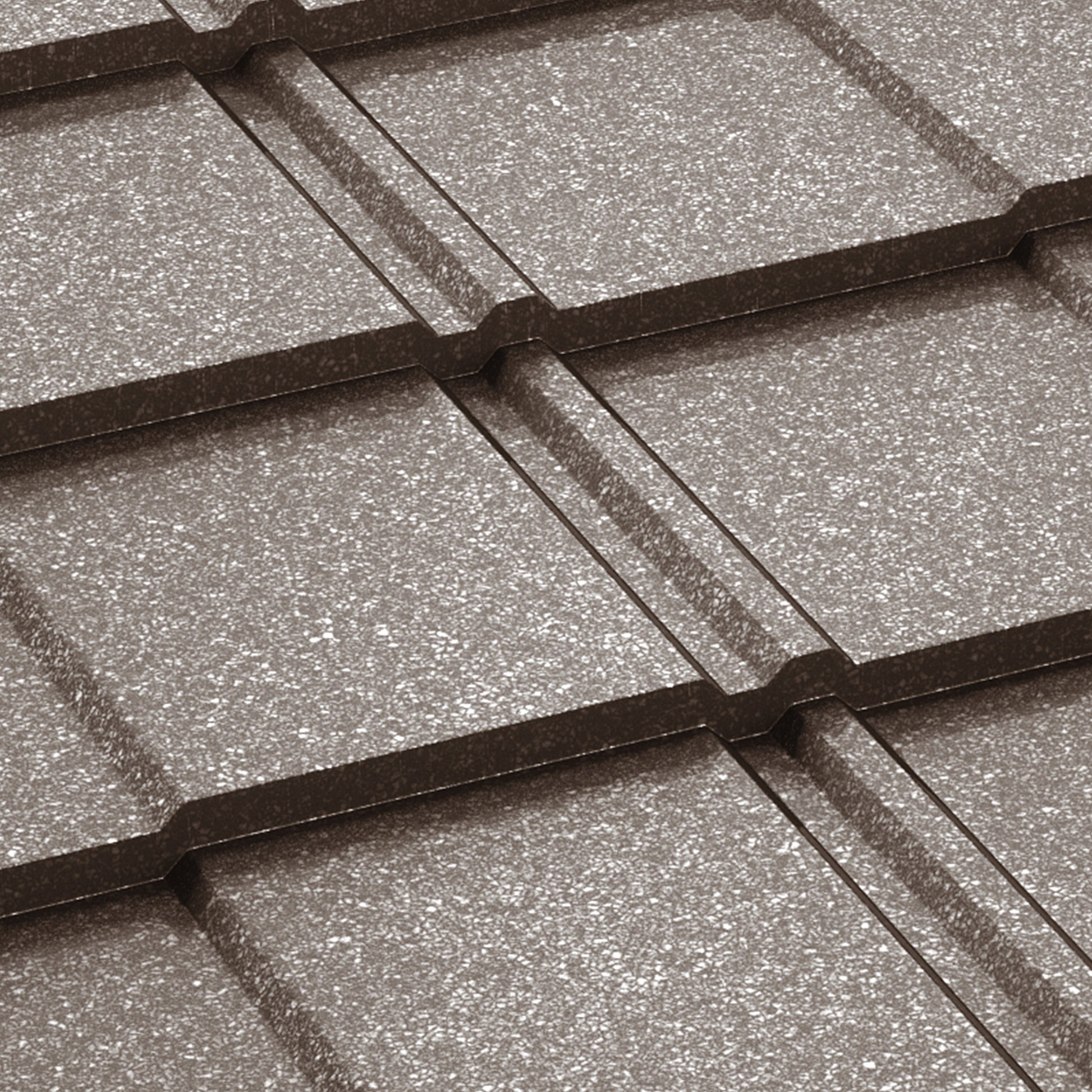 Метални керемиди BILKA Britanic Grande Mat в кафяв цвят, подходящи за ремонт на покриви и изграждане на покриви.