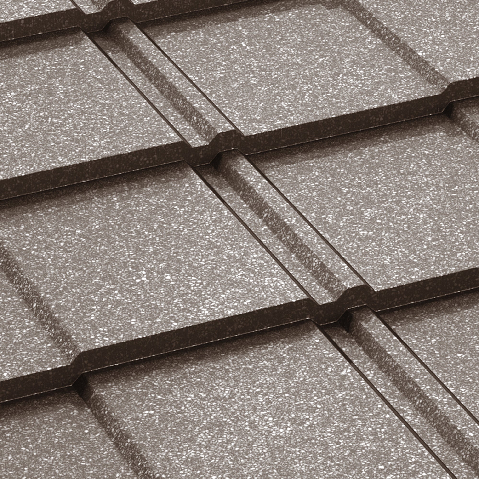 Метални керемиди BILKA Britanic Grande Mat в кафяв цвят, подходящи за ремонт на покриви и изграждане на покриви.