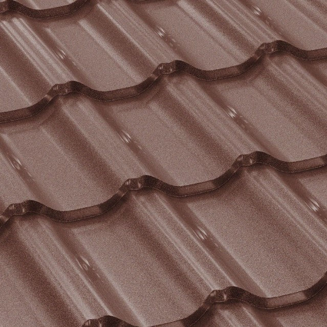 Метални керемиди BILKA Gotic Mat в кафяв цвят, идеални за ремонт на покриви и скатни покриви. Качество от LATIVA.bg.