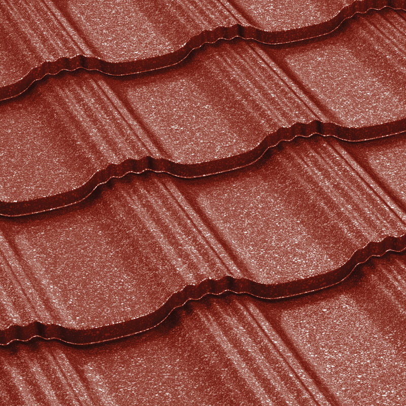 Метални керемиди BILKA Hellenic Grande Mat в червен цвят, подходящи за ремонт на покриви и изграждане на покриви.