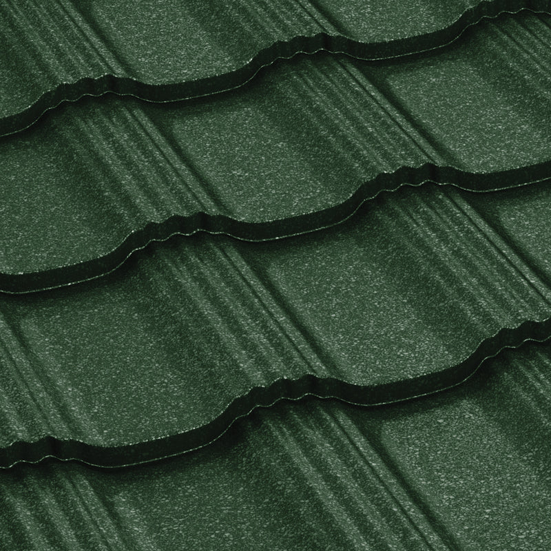 Метални керемиди BILKA Hellenic Grande Mat в тъмен зелен цвят, идеални за ремонт на покриви.