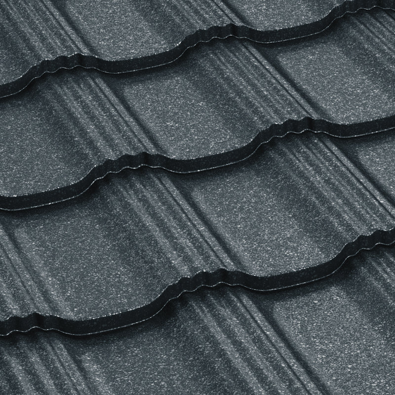 Метални керемиди BILKA Hellenic Grande Mat в тъмен цвят, идеални за покриви и ремонт на покриви.