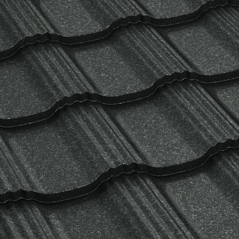 Метални керемиди BILKA Hellenic Grande Mat в черен цвят, подходящи за ремонт на покриви.