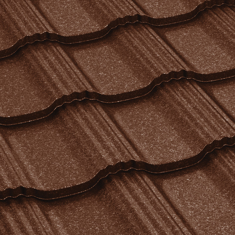Метални керемиди BILKA Hellenic Grande Mat в кафяв цвят, идеални за покриви, ремонт на покриви и строителство.