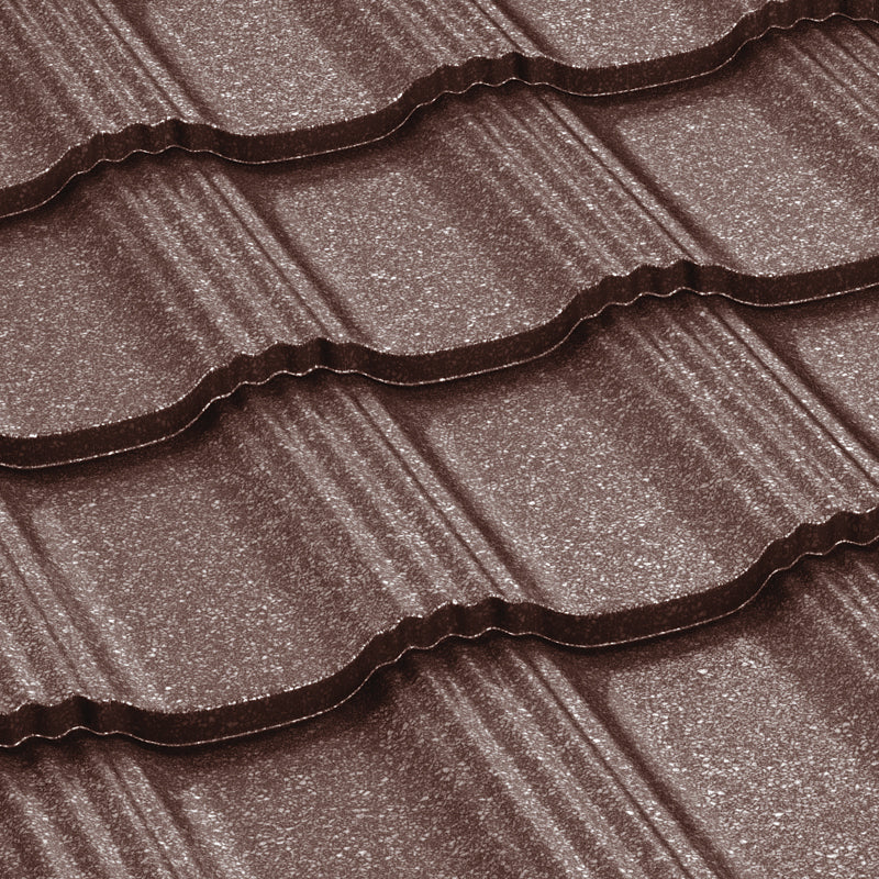 Метални керемиди BILKA Hellenic Grande Mat в кафяв цвят, идеални за ремонт на покриви и строителство.