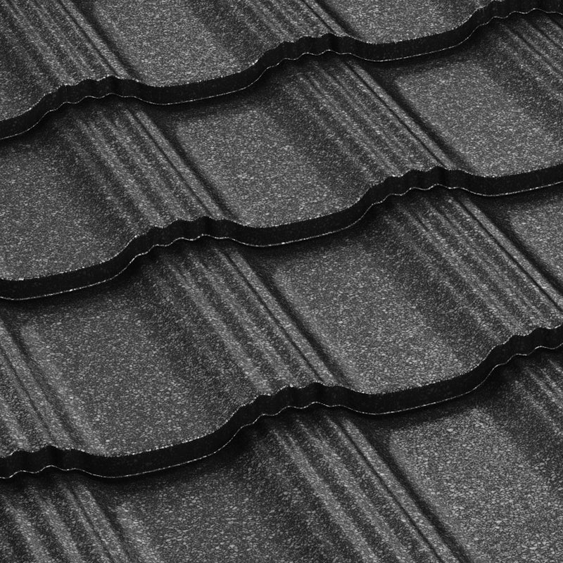 Метални керемиди BILKA Hellenic Grande Mat в черен цвят, идеални за ремонт на покриви и изграждане на покриви.