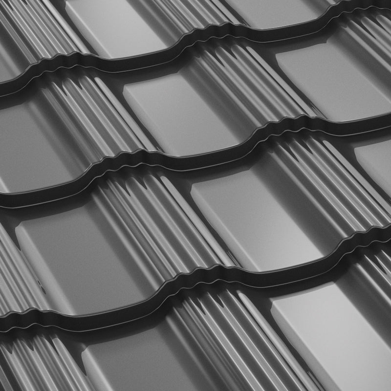 Метални керемиди BILKA Hellenic в гланцово черно, перфектни за покриви и ремонт на покриви.