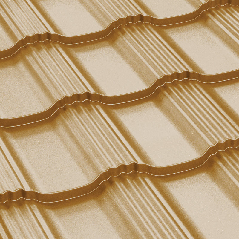 Метални керемиди BILKA Hellenic в златист цвят, идеални за ремонт на покриви и ново строителство.