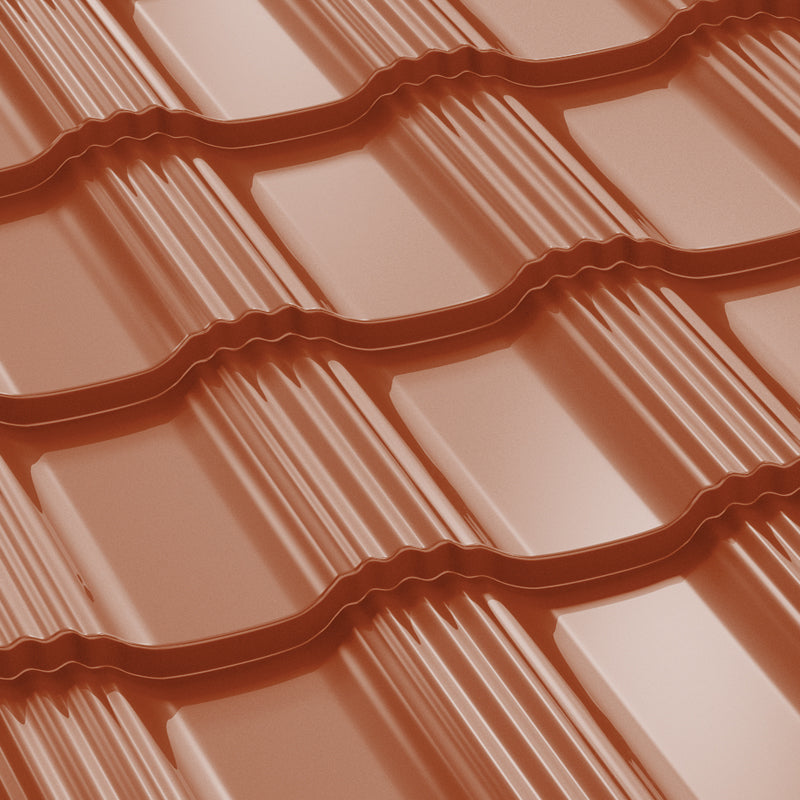 Метални керемиди BILKA Hellenic Гланц в червен цвят, перфектни за ремонт на покриви и нови строежи.