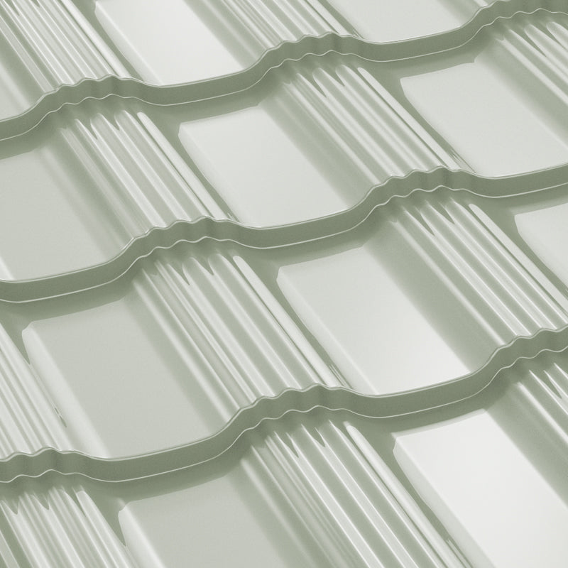 Метални керемиди BILKA Hellenic Гланц в светло зелен нюанс, идеални за покриви, отличаващи се с високо качество и стил.