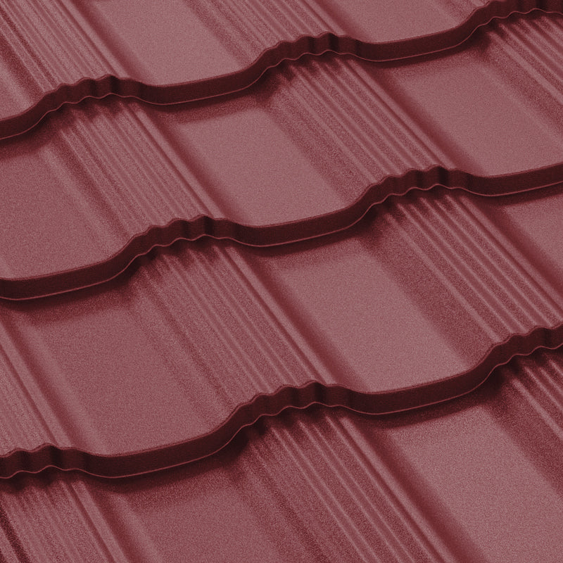 Метални керемиди BILKA Hellenic Mat в червен цвят, идеални за покриви и ремонт на покриви.