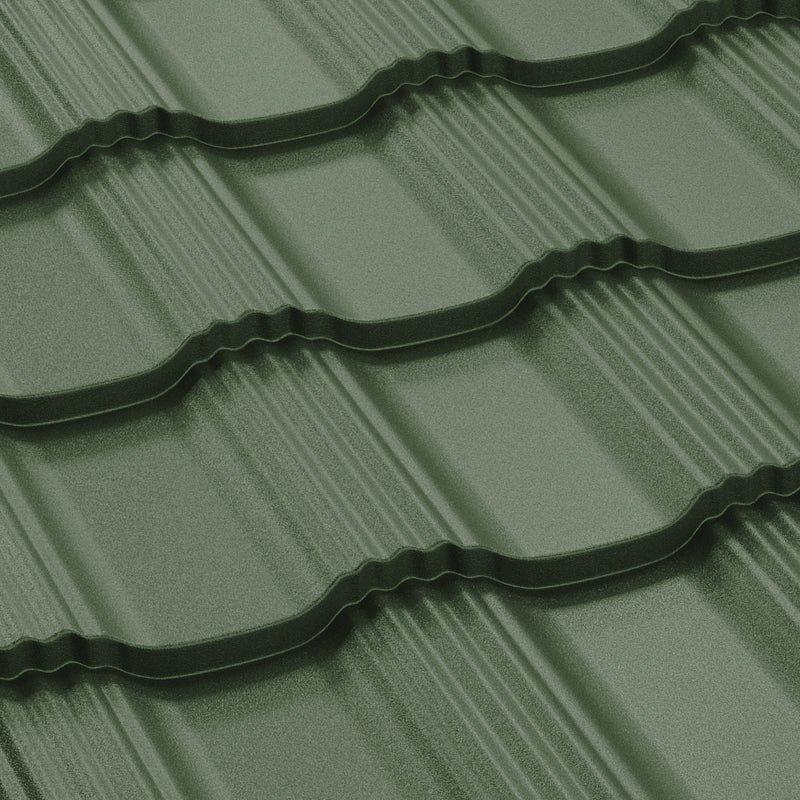 Метални керемиди BILKA Hellenic Mat в зелено, идеални за ремонт на покриви и монтаж на метални керемиди.