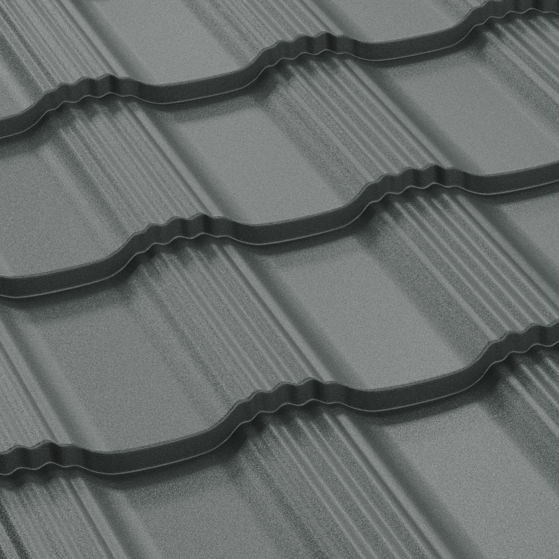 Метални керемиди BILKA Hellenic Mat в тъмен цвят, идеални за покриви и ремонт на покриви.