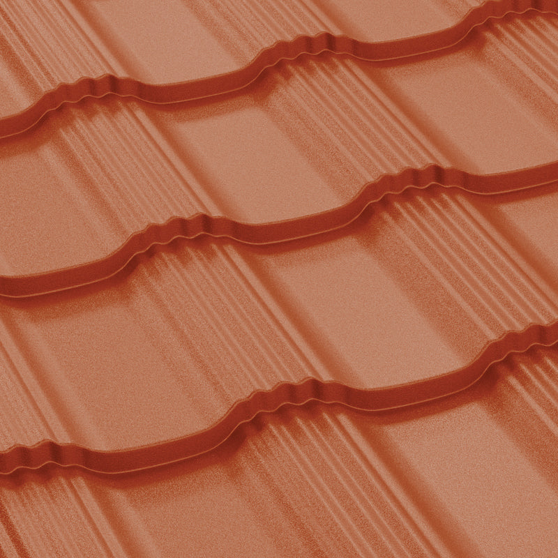 Метални керемиди BILKA Hellenic Mat в оранжев цвят, идеални за ремонт на покриви и строителство.