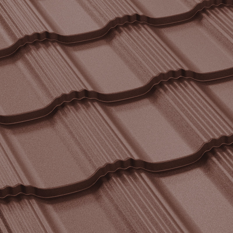 Метални керемиди BILKA Hellenic Mat в кафяв цвят, идеални за ремонт на покриви и покривни конструкции.