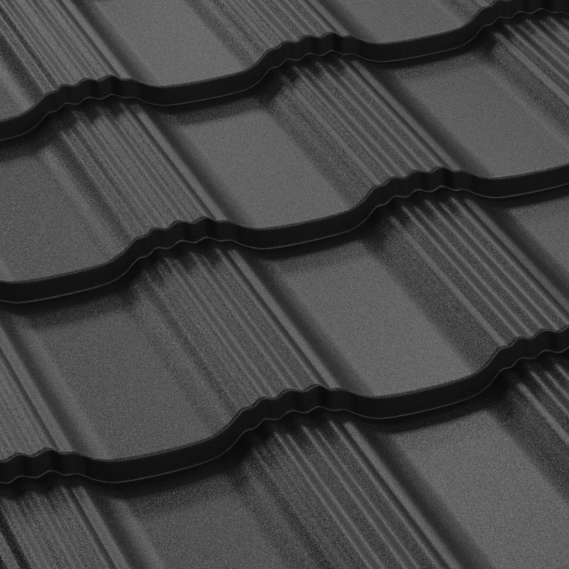Метални керемиди BILKA Hellenic Mat в черен цвят за покриви с висококачествена обработка и стилен дизайн.