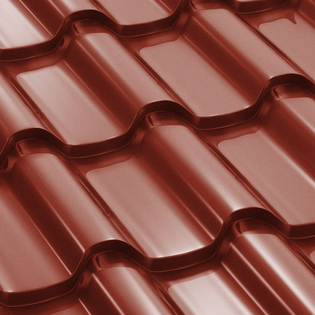 Метални керемиди BILKA Romanic в гланцово червено, идеални за ремонт на покриви и монтиране на скатни покриви. LATIVA.bg