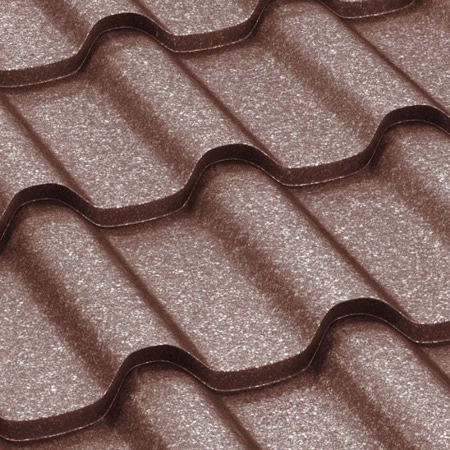 Метални керемиди BILKA Romanic Grande Mat в кафяв цвят - идеален избор за ремонт на покриви от скатен тип. LATIVA.bg