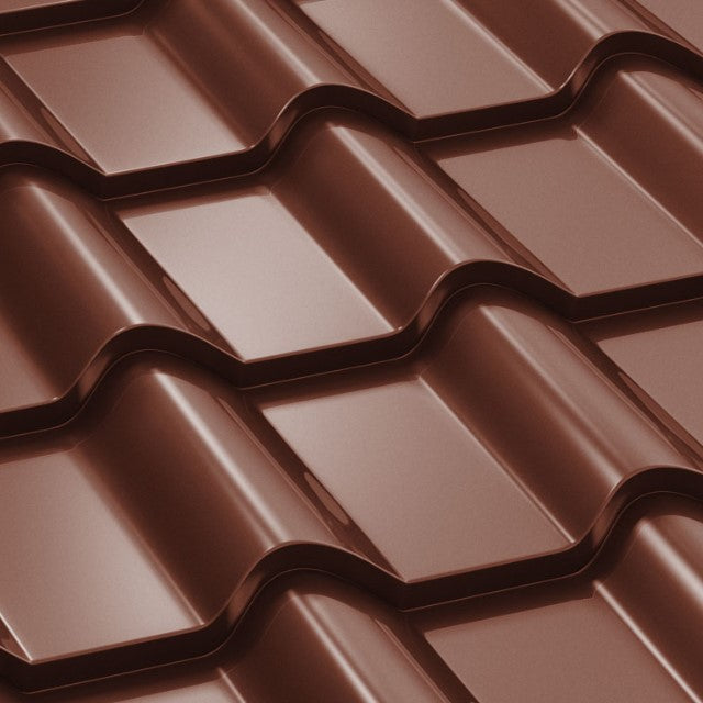 Метални керемиди цена 2025: пълно ръководство за лек и дълготраен покрив - изображение на кафява покривна ламарина.