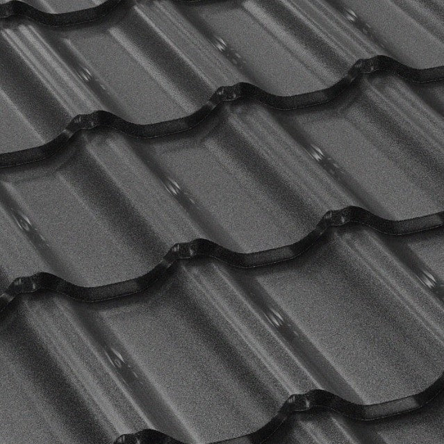 Метални керемиди цена: пълно ръководство за избор и бюджетиране - детайл на метална керемида с черен цвят.