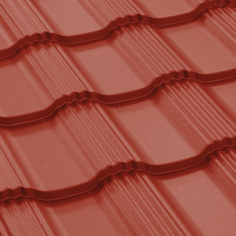 Метални керемиди Hellenic - детайл от червени ламаринени керемиди с трайна текстура и стилен дизайн.