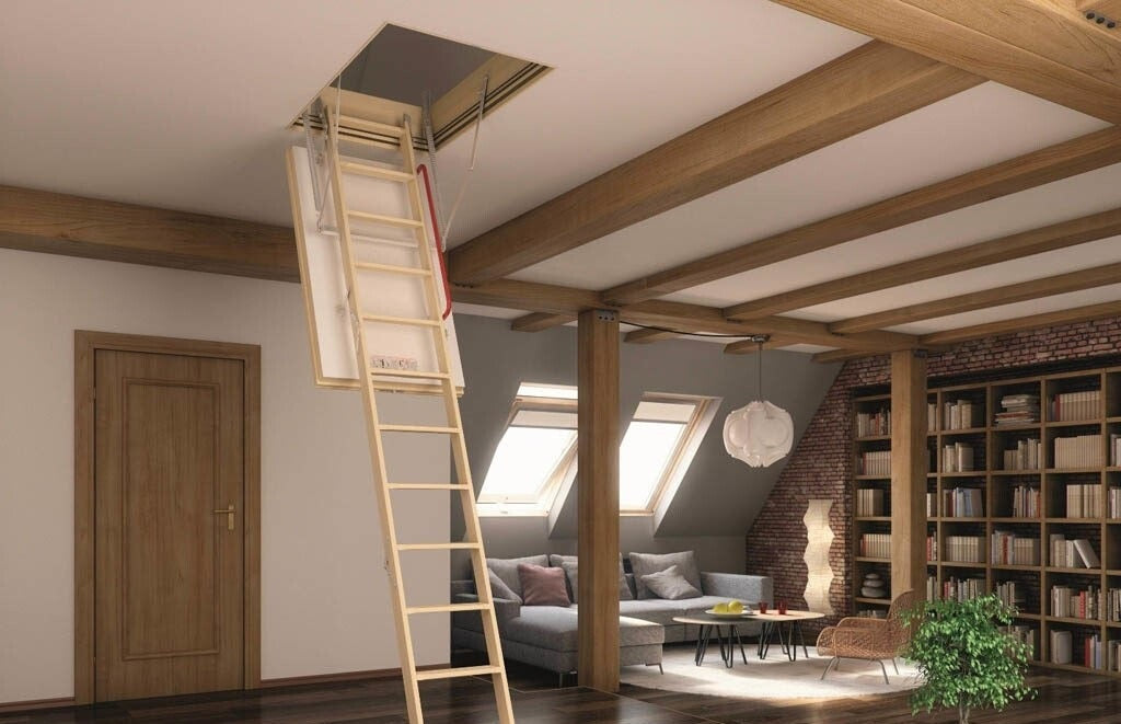 Тавански стълби Oman дървена таванска стълба в интериор; тавански стълби, метални керемиди, битумни керемиди, профилирана ламарина