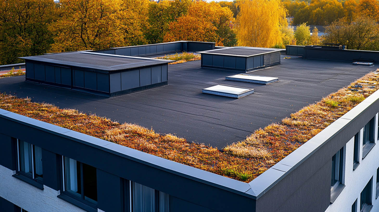 Плоски покриви с хидроизолация, гледка към подобни сгради на фона на синьо небе и облаци.