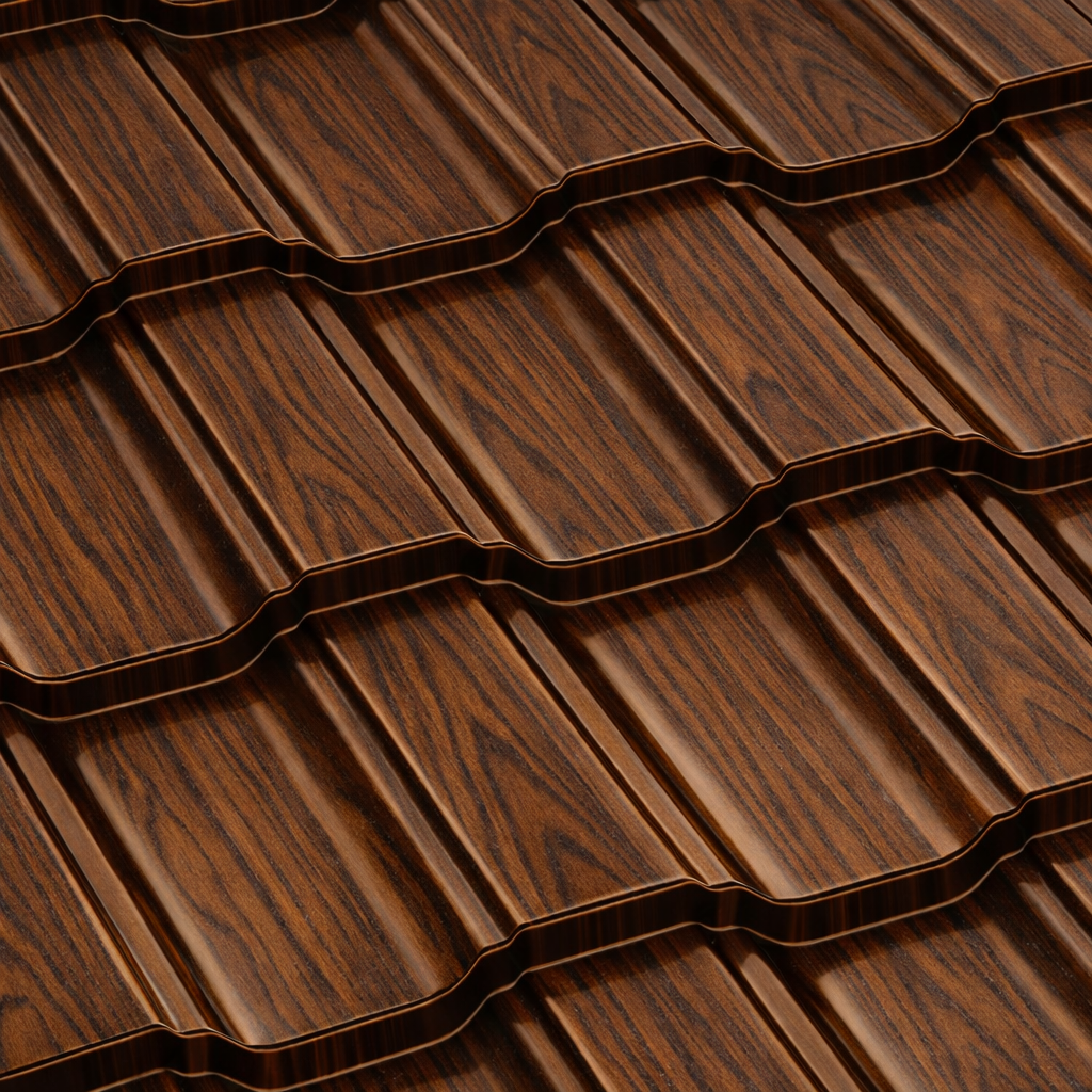 Метални керемиди BILKA Adriatic Wood with a wooden texture design for roofing applications.