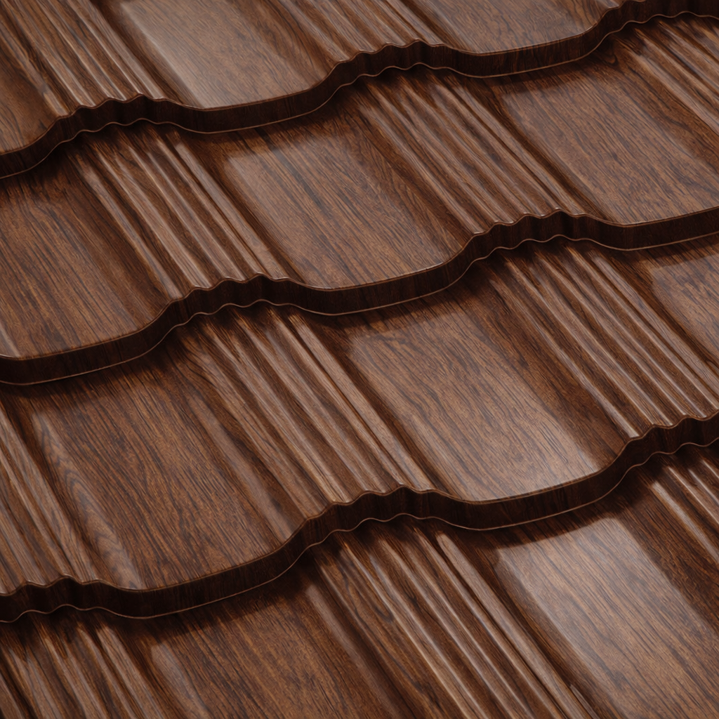 Метални керемиди BILKA Hellenic Wood с дълбоки вдлъбнатини и дървен вид