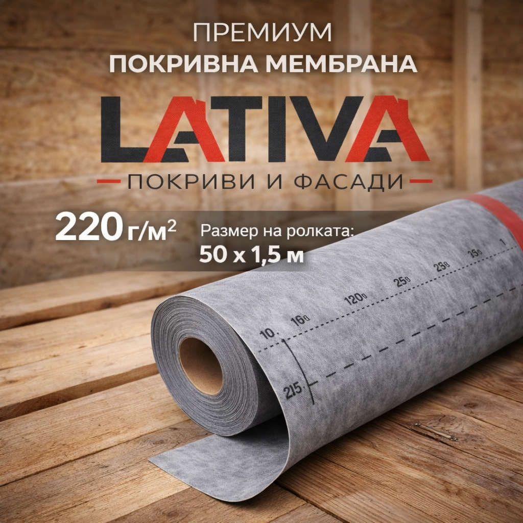 Подпокривна мембрана LATIVA 220 на ролка, размер 50 x 1,5 м, идеална за покриви и фасади.