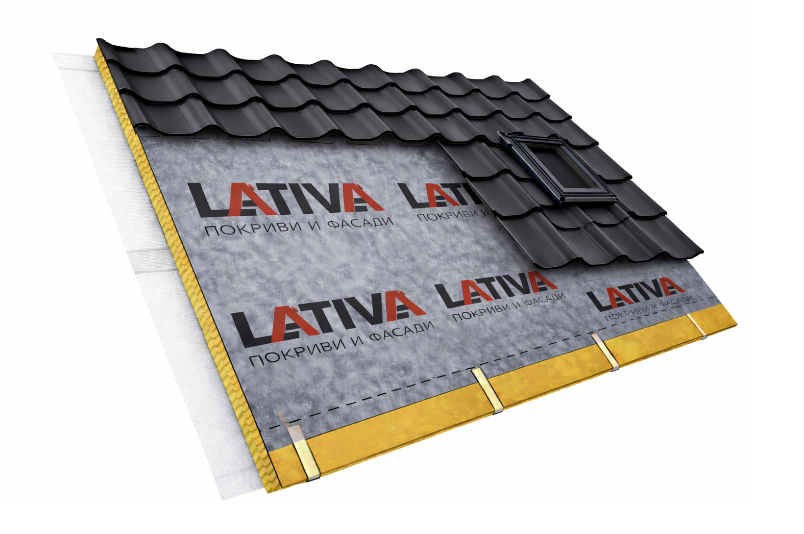 Подпокривна мембрана LATIVA 220 shown in roofing installation with tiles.