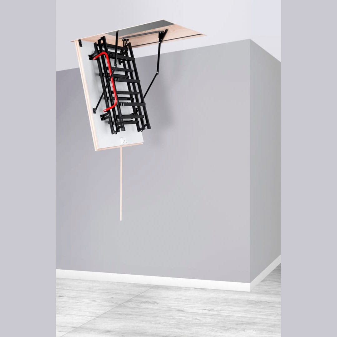 Oman Solid Extra folding attic ladder for installation with metal tiles, bitumen shingles, and profiled sheet metal